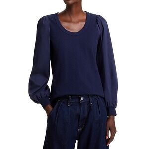 Single Thread Womens Ribbed Mixed Media Puff Sleeve Top Navy XL‎ New